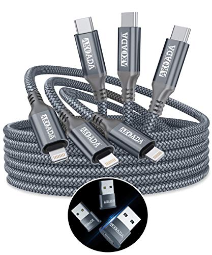 AkoaDa USB C To Lightning Cable 10ft (3 Pack),[Apple MFi Certified] Nylon Braided Type C iPhone Fast Charging Cable For iPhone 12/12 Pro/11 Pro Max/X/XS/XR,iPad And More,Supports Power Delivery (Grey)
