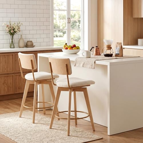 Butacos giratorios de altura para barra, 26", tapizado en lino beige con patas de madera natural, juego de 4 miniatura 6
