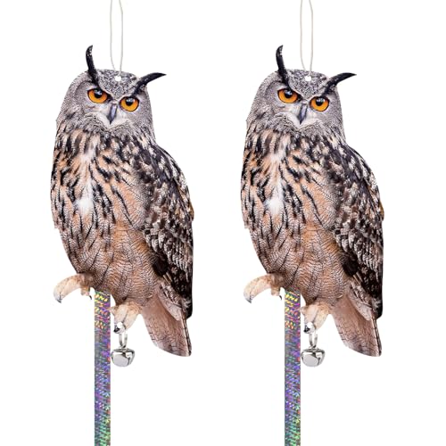 Homo Trends 2PCS Pigeon Deterrent Plastic Owl with Reflective Tape Bird Scarers for Gardens Hanging Owls to Keep Birds Away Flat Fake Owl Decoy to Scare Birds Away from Patio Windows Porch Tree Roofs