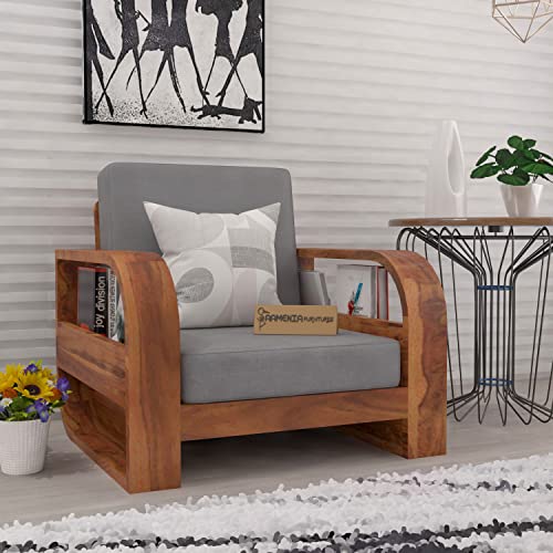 Image of Wooden 1 Seater Sofa Set for Living Room | One Seater Sofa for Office & Lounge | Sheesham Wood (Honey Finish)