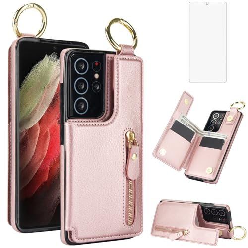 Asuwish Phone Case for Samsung Galaxy Note 20 Ultra 5G Wallet with Screen Protector Cover and Stand Zipper Cash Card Holder Slot Ring Note20 Plus Notes 20Ultra Note20+ U + 20+ Not S20 Women Rose Gold