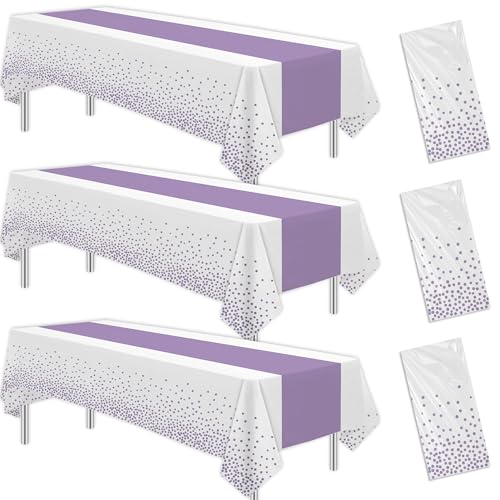 Image of White and Purple Party Decorations Tablecloth, 3 Pack Disposable Purple Dot Table Cover Printed Table Runner for Birthday Baby Bridal Shower Wedding Anniversary Graduation, 86in x 55in
