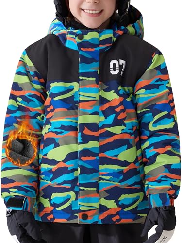 FREE SOLDIER Chaqueta de esquí impermeable para niños y niñas, forro polar, abrigo de invierno cálido, chaqueta de invierno para niños con capucha desmontable (Summit Stripe,6-7/niño)