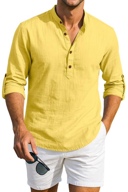 Image of Macsivo Men's Cotton Blend Solid Short Kurta with Mandarin Collared Full Sleeve Drawstring Stylish Straight Length | Kurta for Men Stylish