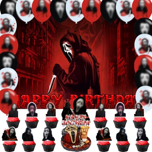 Scream Movie Party Decorations Birthday Party Supplies For Horror Movie Party Supplies Includes Banner - Cake Topper - 24 Cupcake Toppers - 18 Balloons