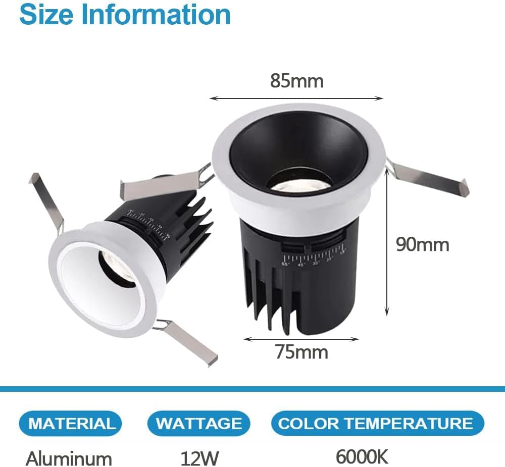 XBTGS 8 focos LED empotrables – 7,6 cm reajuste de globo ocular GHT redondo de aluminio Bafle Trim LED empotrable luz de día acabado negro tamaño de corte GHT 75 mm, 6000 K, 6000 K