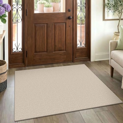 EARTHALL Woven Area Rug 3x4 Ft Washable Rugs for Entryway Braided Non Slip Rubber Backed Throw Rugs Door Mat Indoor Outdoor Entrance Cotton Carpet for Kitchen Foyer Front Door Beige/Ivory