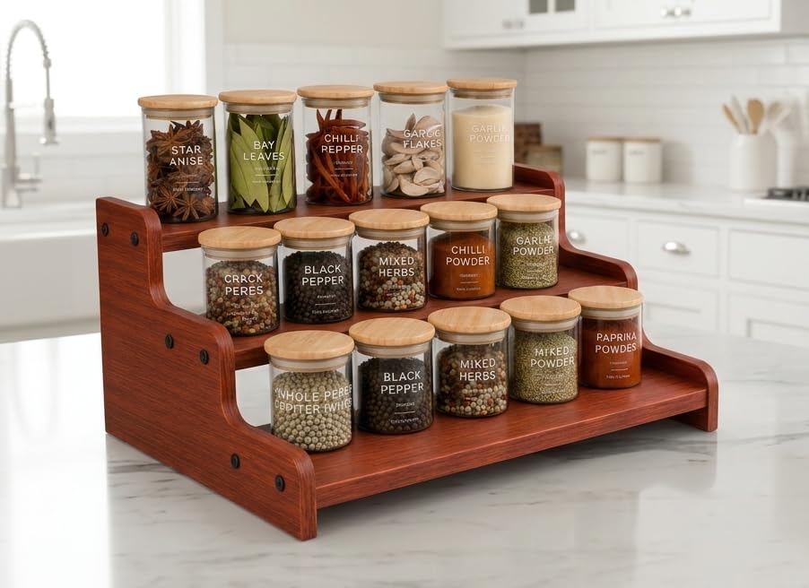 Image of FireBees Kitchen Organizer Rack | 3 Tier Wooden Kitchen Shelf Organisers & Shelf Riser for Counter Top | Wooden Kitchen Storage Stand | Rack for Spice Bottles, Jars, Seasonings (Rose wood)
