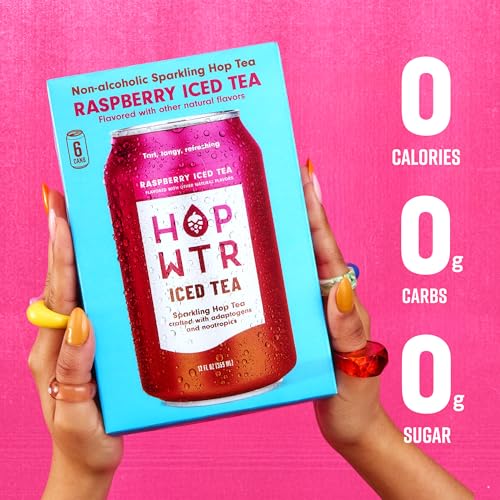 Image of HOPWTR Raspberry Iced Tea, Non Alcoholic Sparkling Tea with Adaptogens, Nootropics & Vitamin C, Zero Sugar Zero Calorie Functional Beverage, Gluten Free Hop Water Drink (12 Pack, 12oz Cans)