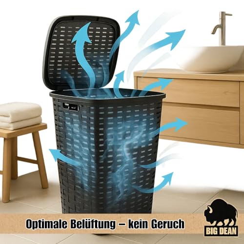 Wäschekorb mit Deckel anthrazit/bräunlich in Rattanoptik XL mit 2 Griffen Wäschetonne Plastik