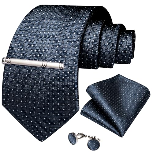 Image of DiBanGu Mens Silk Necktie Solid Color Tie and Pocket Square Cufflink Tie Clip Set Woven Plain Ties for Men Wedding Party