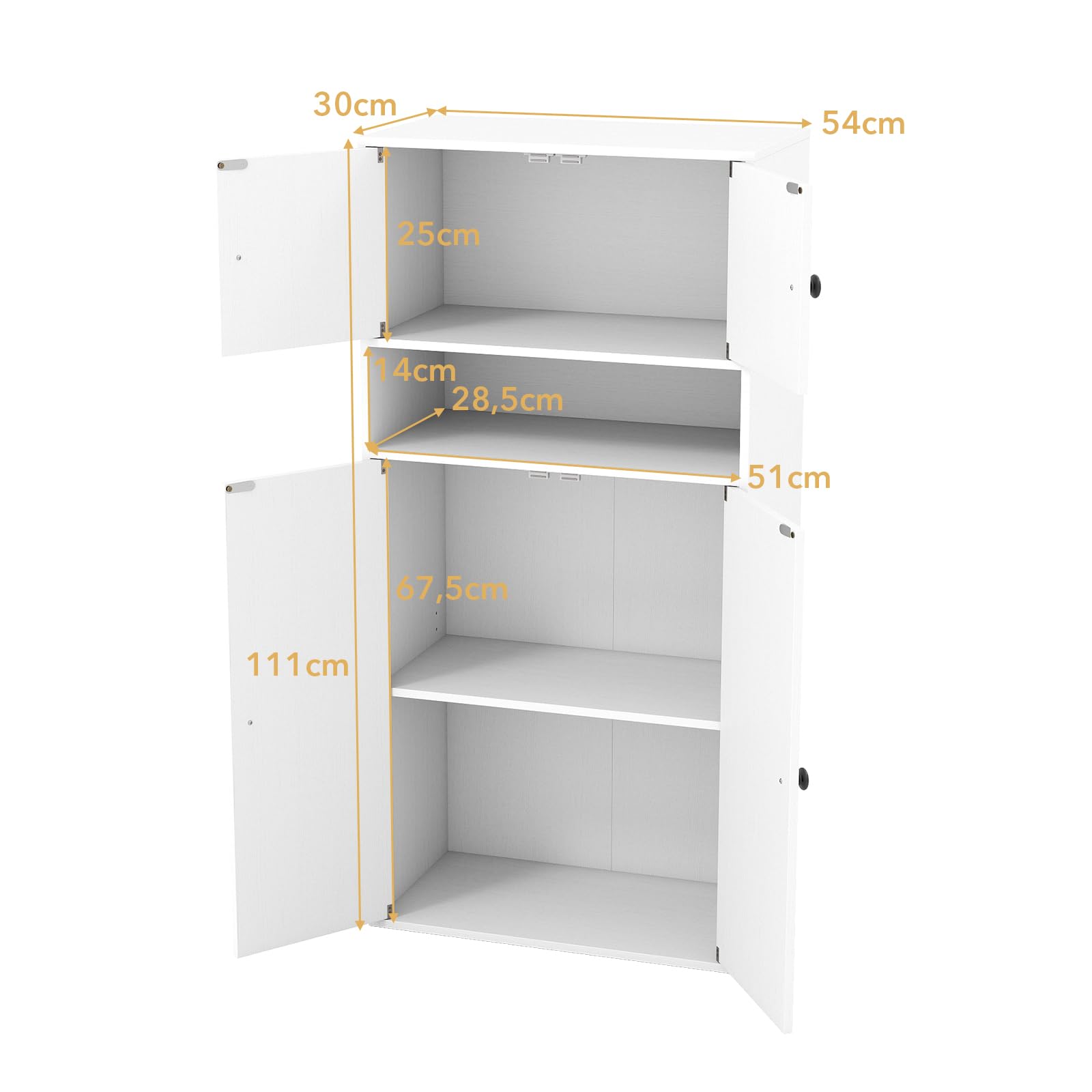 GIANTEX Libreria con 4 ante, mobile da cucina con ripiano regolabile e scomparto aperto, credenza per cucina, soggiorno, sala da pranzo, 54 x 30 x 111 cm (bianco)