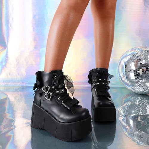 Black Platform Ankle Boots for Women Goth Rave Shoes Punk Rivet Lace Up Zipper Round Toe Wedge Chunky High Heels Buckle Booties3
