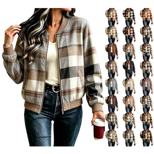 JiXiang Plaid Jacket Women Long Sleeve Stand Collar Baggy Outwear Casual Zip Up Lightweight Fall Winter Trendy Bomber Shacket - image 1