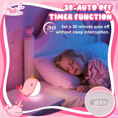 Image of Ammonite Pink Narwhal Night Light, Soft Silicone Whale Nursery Lamp with 3 Dimming Levels and 30-Minute Timer, Touch Control Nightlight for Bedroom Decor, Christmas Birthday Gift