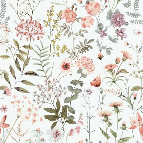 VEELIKE Papel Pintado Flores Silvestres Rosa Papel Pintado Hojas Verde 44,5 cm × 300 cm Floral Murales Decorativos Pared Dormitorio Salon Pasillo Vinilo Adhesivo Muebles Baño Impermeable Extraíble