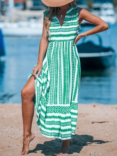 Image of CUPSHE Women's Ruffle Beach Maxi Dress Split V Neck A Line Sleeveless Stripe Geometric Pattern Casual Summer Dresses