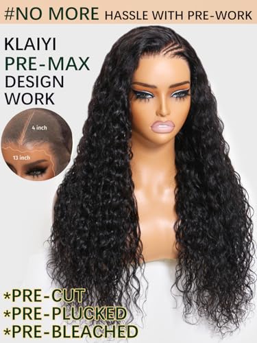 Image of KLAIYI Pre Everything 13x4 Glueless Lace Front Wig Human Hair Water Wave Bye Bye Knots Put On and Go Wig Pre Cut Lace Pre Bleached Pre Plucked 30S Easy To Wear Beginner Curly Wig with Baby Hair 26Inch