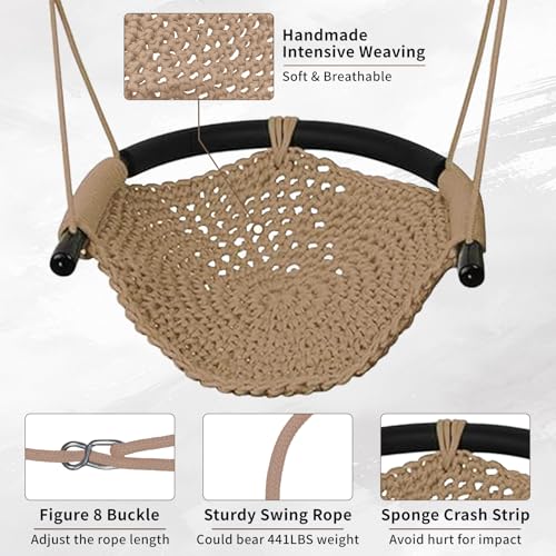Image of Hi-Na Tree Swing for Kids, Adjustable Toddler Rope Swing Seat with Snap Hooks and Straps, 440 lbs Capacity, Swingset Accessories for Indoor Porch Doorway Outdoor Playground Backyard (Khaki)