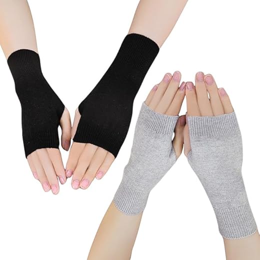 LUFFLOK Pack de 2 Guantes de Lana sin Dedos para Hombres y Mujeres, Guantes de Invierno Cálidos y Mitones Mujer, Táctiles para Smartphone, Ideales para Trabajar, Conducir, Correr (Negro+Gris)