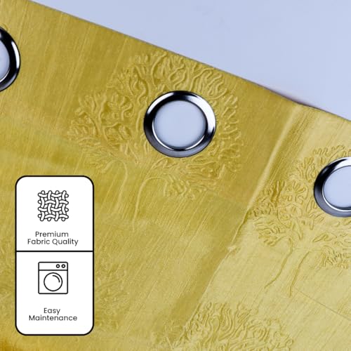 Image of Fabrilia Embossed Tree Motif Light Filtering Curtains for Living Room & Bedroom - Set of 2, Yellow (9 feet)