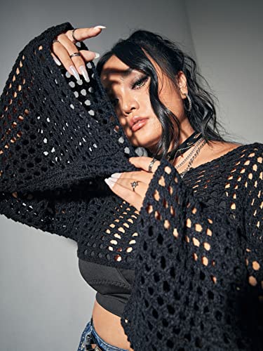 Floerns Women's Plus Size Boat Neck Long Sleeve Hollow Out Crochet Cropped Sweater4