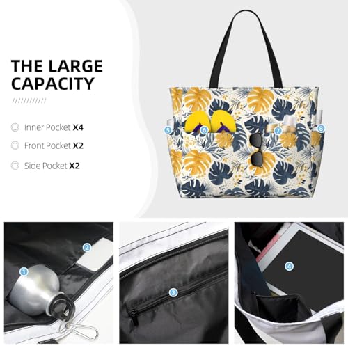 Large Beach Bags for Women Sandproof - Gold Leaves Print Summer Travel Work Tote Bags with Zipper3