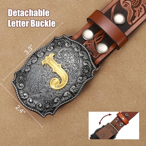 Western Cowboy Leather Belt Men Women, Gold Initial Letters ABCJMZ Buckle Embossed Belt for Jeans