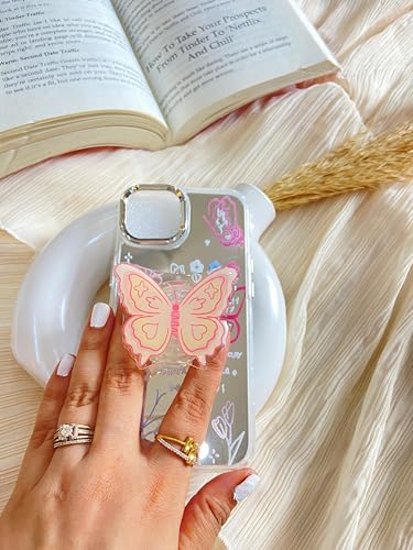 Image of COVERLY for iPhone 14 Plus 3D Luxury Butterfly Resin Stand Phone Case,Trendy Mirror Pop Cute Makeup Art Laser Cut Fluttering Wings Love Phone Holder Princess Cover for Apple iPhone 14 Plus