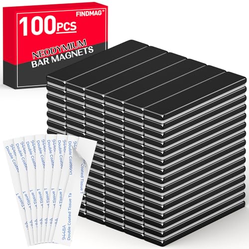 Image of FINDMAG Adhesive Magnets, 100 Pack 60x10x3mm, Neodymium Bar Magnets | Rare earth magnetic strips for repeat mounting projects; for cabinet installations, workshop layouts, displays and tools