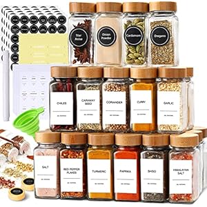 Set of 24 Glass Spice Jars with Various Labels, Bamboo Shaker Lids & Funnel, Kitchen Storage Jars with Airtight Lid, Spices & Seasonings Sets Organizer, Spice Containers, Glass Jar Cookie jar