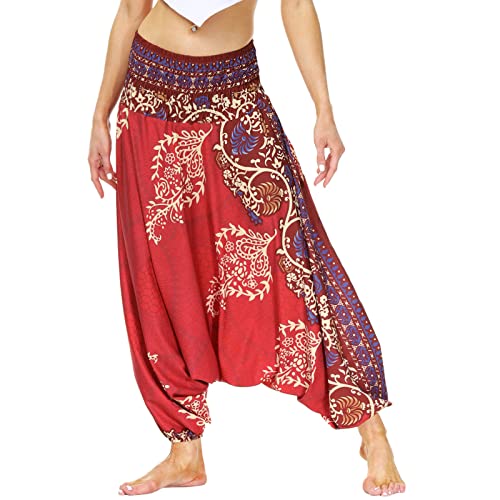Nuofengkudu Femme Yoga Pantalon Sarouel Thailande Motif Ethnique Haute Taille Elastique Larges Sport Baggy Pants Plage Taille Unique X-Vintage Rouge