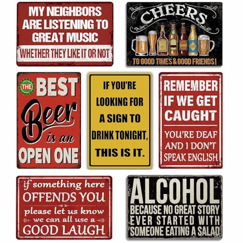Funny Bar Signs for Home Bar Wall Art - Man Cave Decor Garage Signs for Men - Vintage Metal Tin Signs 7-Piece Set - Basement Pub Wall Decor Gifts 8x12 Inch