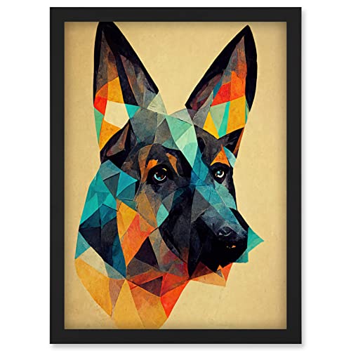 Doppelganger33 LTD German Shepherd Alsatian Dog Colourful Geometric Artwork Framed Wall Art Print A4 Cover