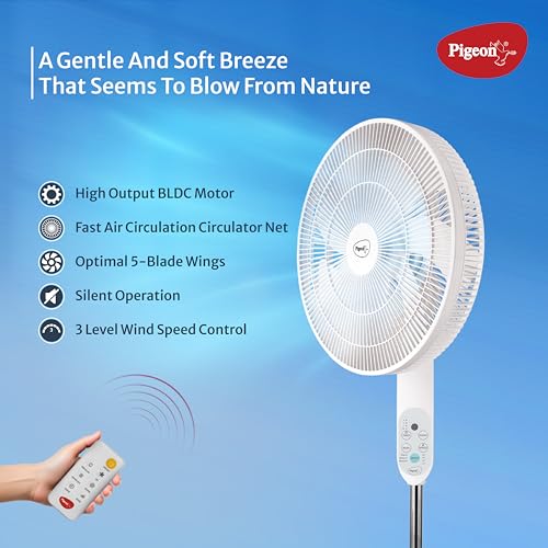 Image of Pigeon BLDC Pedestal Fan For Home and Office | High Speed Airflow | 5 Blades | 3 Speed Modes | White