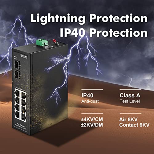 Image of MokerLink 8 Port PoE Gigabit Industrial DIN-Rail Ethernet Switch Managed, 2 SFP Ports, IEEE802.3af /at, 20Gbps Switching Capacity, Web Managed IP40 Network Switch (-40 to 185F)