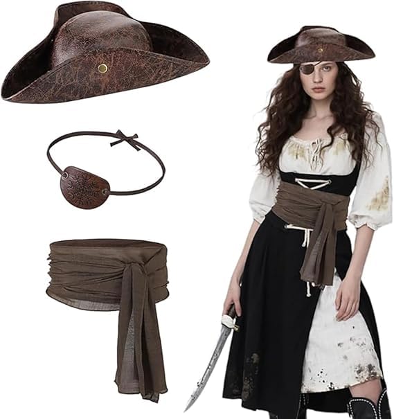 QCHOMEE 3Pcs Pirate Hat Sash Belt Eye Patch Set for Adults Pirate Costume Accessories for Women Men Halloween Fancy Dress Up Captain Cosplay Kits