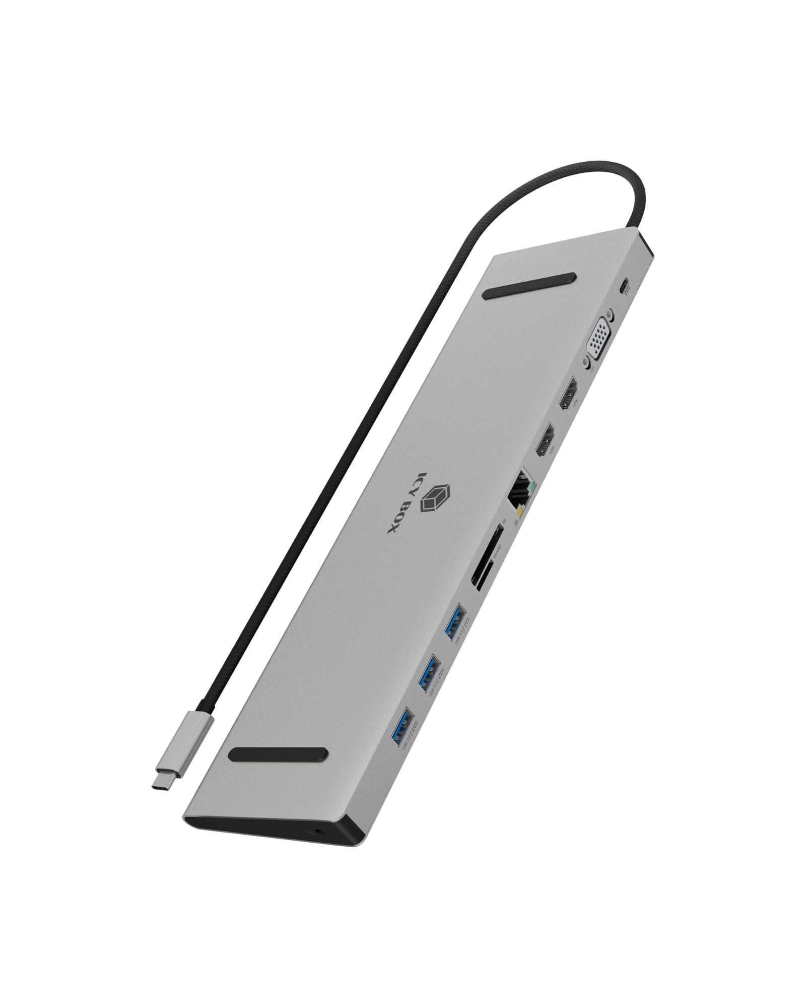 ICY BOX Docking station USB-C con 3 uscite video, Power Delivery fino a 100 W, 2 HDMI, VGA, 3 USB 3.0, lettore di schede SD/microSD, Gigabit LAN, alloggiamento in alluminio