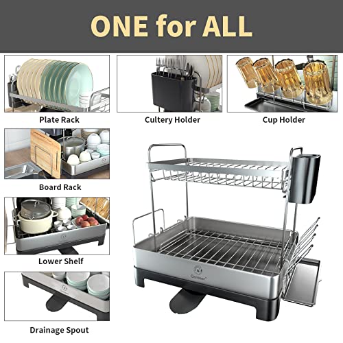 Genteen Dish Drying Rack, 2 Tier Large Dish Drying Rack With Drainboard 304 Stainless Steel Dish Rack For Kitchen Counter With Swivel Spout, Utensil Holder, Cup Rack #TOP5