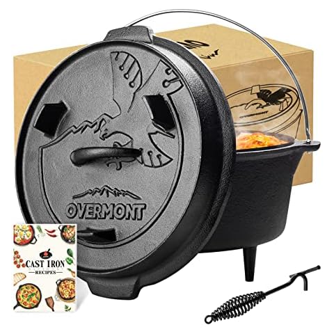Overmont Dutch Oven Feuertopf Eingebrannter Gusseisen Kochtopf mit Füßen Doppelfunktion Deckel Deckelheber E-Book für Garten Lagerfeuer Camping Größe L Cover