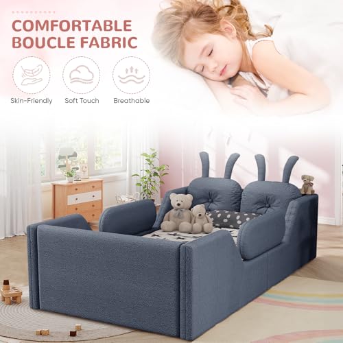 Image of Twin Size Kids Bed with Rabbit Cushions, Upholstered Boucle Fabric Platform Floor Twin Daybed with Removable Side Rail, Space-Saving Wooden Corner Sofa Couch Bed Frame for Girls, Boys, Teenager(Grey)