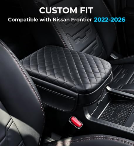 Image of Center Console Cover for Nissan Frontier 2026 2025 2024 2023 2022, 1.2-Inch Thick PU Leather Middle Armrest Cushion Protector Pad with 2 Side Pockets for 2022-2026 Frontier, Black
