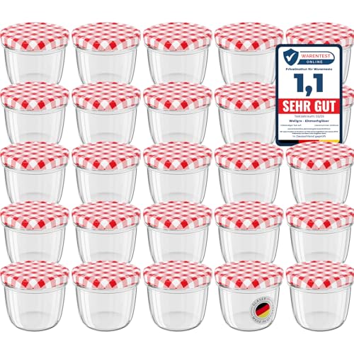 WELLGRO® Einmachgläser mit Schraubdeckel - 230 ml, 8,5 x 6,5 cm (ØxH), Glas/Metall, rot karierte Deckel To 82, Gläser Made in Germany, verschiedene Mengen wählbar (Rot, 25 Stück)