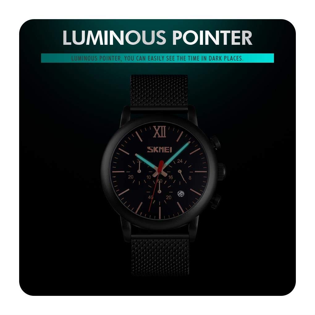 MASTOP Reloj de pulsera de cuarzo con correa de malla para hombre, de acero inoxidable, cronómetro, visualización de fecha, militar, resistente al agua