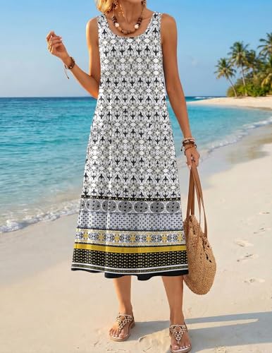 Image of Zeagoo Womens Summer Midi Dresses 2026 Casual Sleeveless Tank Sundresses A Line Crewneck Beach Vacation Dress with Pockets