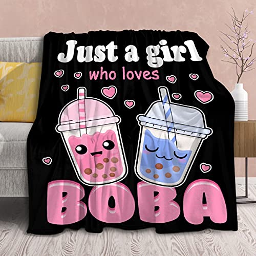 Coperta in pile con motivo Bubble Tea, con scritta "Just A Girl Who Loves" Kawaii, regalo per ragazze, bambini, donne, con ripieno di tè con bolle, morbida e leggera, in flanella, 101 x 127 cm
