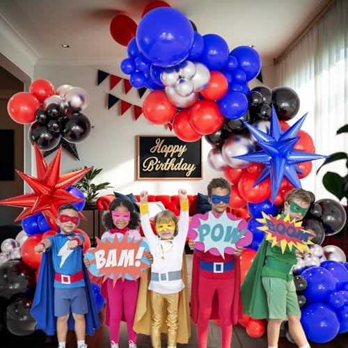 Image of CboDeco Spider Balloon Garland Arch Kit, 146PCS Red and Blue Balloons with Exploding Star Foil Balloons, Spider Theme Birthday Decorations for Boys, Party Decorations