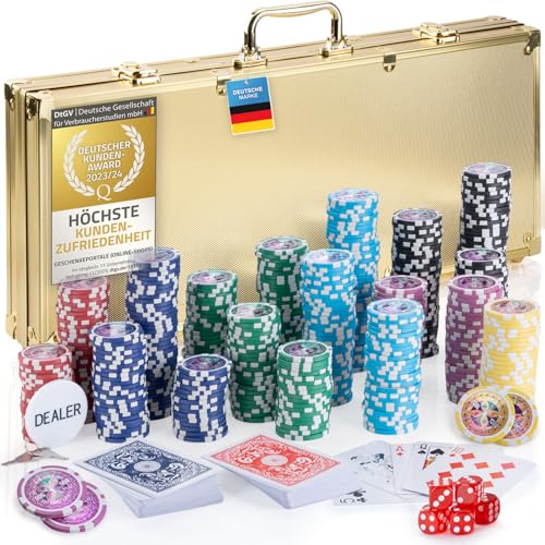 Mallette de poker Profi Pokerset comprenant 300-500 jetons de poker de haute qualité ; deck de poker, jeu de cartes, cartes de poker, dés, bouton de croupier...