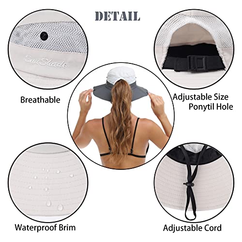 Image of Womens Summer Sun Hat Beach Hat Wide Brim Outdoor UV Protection Hat Foldable Cool Mesh Ponytail Bucket Hat