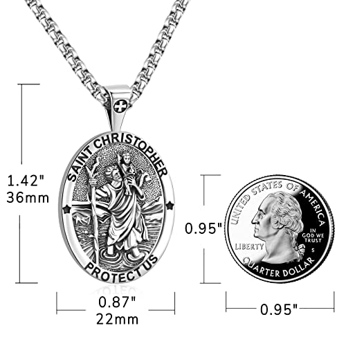 St Christopher Necklace 925 Sterling Silver St Christopher Medal For Men Saint Christopher Necklace For Women Oval St. Christopher Pendant Male St Christopher Medal Metal 24 Inch Chain Female Womens Saint Christopher Medallion #TOP1